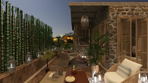 outdoor seating area with cozy furniture arrangement in rustic style creating a relaxing ambiance for evening gatherings utilizing Homestyler's real-time 3D rendering feature.