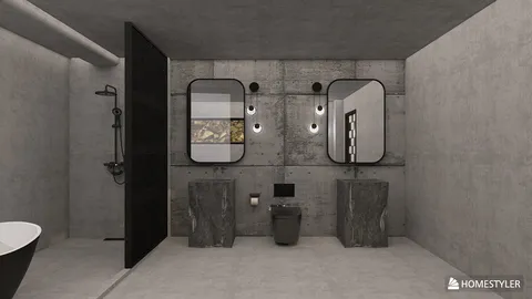 contemporary bathroom design featuring dual stone sinks and modern fixtures, utilizing Homestyler's real-time 3D rendering for visualizing interior decor.