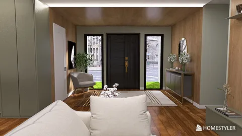 modern entryway design featuring a cozy sofa and stylish decor elements, showcasing a warm wood and green color palette to enhance the welcoming atmosphere; includes Homestyler's real-time 3D rendering functionality for quick design previews.