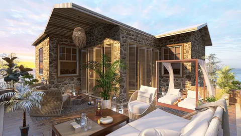 stone house exterior design with lounge seating and tropical plants showcasing outdoor living space value, featuring Homestyler's real-time 3D rendering for efficient design preview.