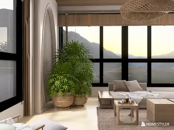 living room with large windows featuring mountain views, designed with modern minimalism and natural elements, showcasing Homestyler's real-time 3D rendering capability