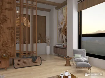 modern living room design featuring a cozy seating area, natural wooden textures, and scenic mountain view, showcasing Homestyler's real-time 3D rendering capabilities.