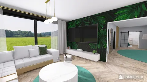 modern living room with large windows showcasing outdoor greenery, featuring tropical wallpaper and stylish furniture arrangement, creating a refreshing and inviting atmosphere, showcasing Homestyler's real-time 3D rendering capabilities.