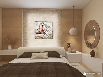 bedroom design featuring a modern bed arrangement with wall art, incorporating a minimalist style and maximizing space efficiency, showcasing Homestyler's live 3D rendering capability.