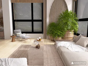 Cozy living room featuring a large indoor plant and modern furniture arrangement, designed in a contemporary style for maximizing comfort and aesthetics, using Homestyler's real-time 3D rendering for quick design previews.