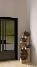 decorative water feature with stacked pots creating a serene ambiance in a minimalist entryway design, featuring modern farmhouse elements and optimized space using Homestyler's real-time 3D rendering.
