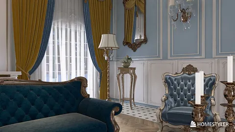 luxurious blue sofa and elegant armchair with gold accents in a classic styled interior, showcasing rich textures and opulent decor, featuring Homestyler's real-time 3D rendering technology for design previews.