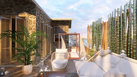 outdoor lounge area with cozy seating arrangements surrounded by bamboo plants and stone walls, featuring a tranquil garden design, showcasing Homestyler's real-time 3D rendering capabilities.