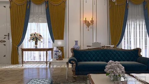 luxurious living room featuring elegant blue sofa and ornate decorations, showcasing classic interior decor style, powered by Homestyler's real-time 3D rendering feature