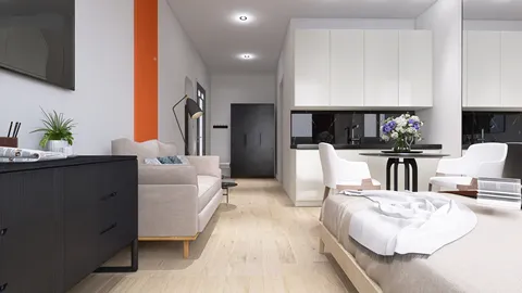 modern living room layout featuring a comfortable sofa and dining area, showcasing interior design optimization for small spaces using Homestyler's intelligent furniture arrangement feature.