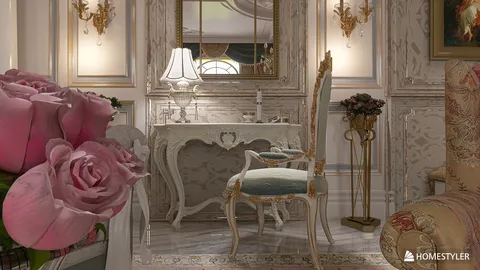 luxurious vanity table adorned with elegant decor in a vintage style featuring soft floral elements for interior design inspiration, showcasing Homestyler's real-time 3D rendering feature