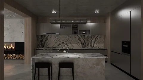 modern kitchen design featuring a marble island and textured walls, showcasing interior decor with a minimalist style, enhanced by Homestyler's real-time 3D rendering for an effective design preview.