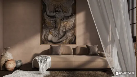 Elegant sofa with decorative pillows styled in a serene interior space featuring a large wall art. This living room design showcases a modern aesthetic, leveraging Homestyler's real-time 3D rendering for quick design previews.
