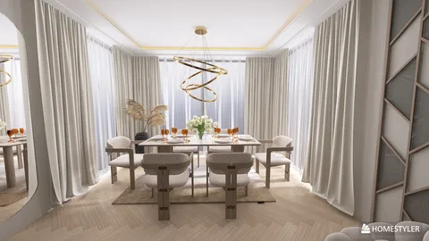Dining room featuring a modern table setting with elegant chairs, showcasing a sophisticated design style for enhancing interior decor with realistic 3D rendering by Homestyler.