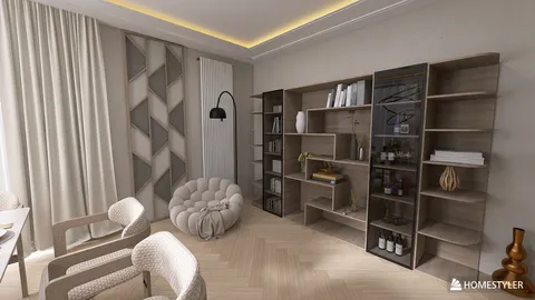 living room shelving unit design with modern decor elements, minimalist style, showcasing interior decor optimization using Homestyler's real-time 3D rendering feature.