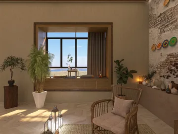 cozy indoor seating area with a view window showcasing a serene landscape, featuring natural wood accents and plants, designed to optimize small space usage with Homestyler's real-time 3D rendering feature.