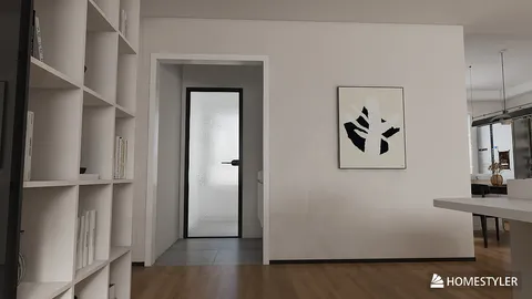 Modern hallway design showcasing minimalistic decor with a black and white art piece, enhancing spatial value in a contemporary interior setting, utilizing Homestyler's real-time 3D rendering feature.