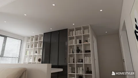 living room with modern shelving unit displaying decorative items, optimizing space with intelligent furniture arrangement for a contemporary interior design that highlights simplicity, featuring Homestyler's real-time 3D rendering capabilities.
