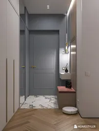 Modern entryway with sleek storage solutions and stylish decor in a contemporary design, showcasing small space optimization using Homestyler's intelligent furniture arrangement feature.