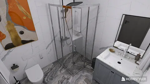 modern shower enclosure featuring glass walls and sleek fixtures in a contemporary bathroom design with elegant marble flooring, including Homestyler's real-time 3D rendering feature for design previews.