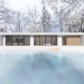 modern house exterior with large windows and pool + showcasing winter scenery + minimalistic style + ideal for residential outdoor spaces; features Homestyler's real-time 3D rendering for design previews.