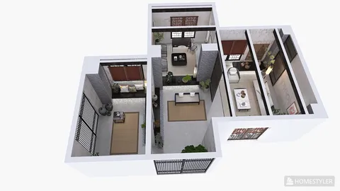 3D interior rendering of a modern living space showcasing furniture arrangement in a contemporary style, highlighting Homestyler's real-time 3D rendering feature.