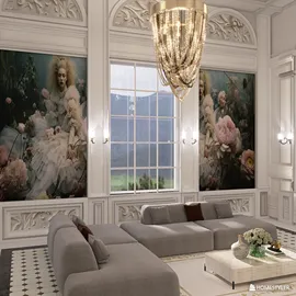 modern living room design featuring elegant gray sofas and large floral wall art, utilizing Homestyler's real-time 3D rendering for enhanced visualization.