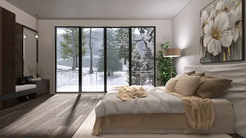 cozy bedroom with large windows showcasing snowy landscape, featuring warm bedding and modern decor, emphasizing interior design with Homestyler's real-time 3D rendering capabilities.