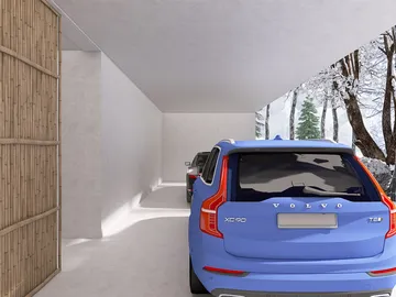 two cars parked in a modern garage with a snowy landscape outside, showcasing 3D interior design for a functional space, utilizing Homestyler's real-time 3D rendering feature.