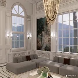 luxurious living room featuring a modern sectional sofa and elegant decor, showcasing high ceilings and large windows with a scenic view, interior design using Homestyler's real-time 3D rendering feature
