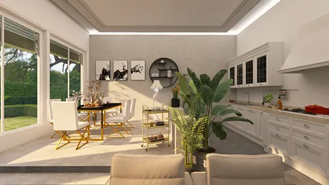 modern living room featuring a beautifully arranged dining area and stylish kitchen with a focus on natural light and greenery, utilizing Homestyler's real-time 3D rendering for an enhanced interior design experience.