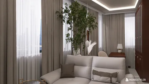 modern living room seating arrangement showcasing natural lighting with elegant drapery and a touch of greenery, featuring interior decor elements for cozy home aesthetics, utilizing Homestyler's real-time 3D rendering function.