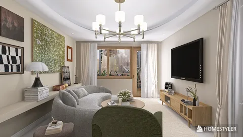 modern living room design showcasing a cozy furniture arrangement with a chic aesthetic, emphasizing space optimization, utilizing Homestyler's real-time 3D rendering feature