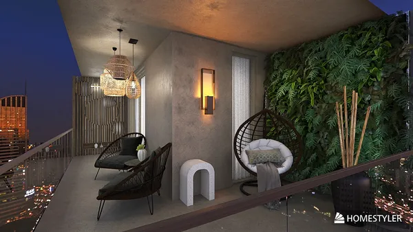 outdoor balcony seating arrangement featuring hanging chairs and a green wall design in a modern style, enhancing the ambiance for relaxation, utilizing Homestyler's real-time 3D rendering