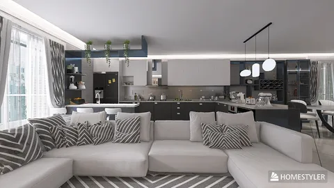 modern living room with sectional sofa and kitchen arrangement featuring monochrome color scheme and efficient space utilization, showcasing Homestyler's real-time 3D rendering capabilities