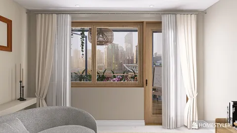 Modern living room featuring large windows with scenic urban views, showcasing smart furniture arrangement to optimize small space, utilizing Homestyler's real-time 3D rendering for an effective design presentation.
