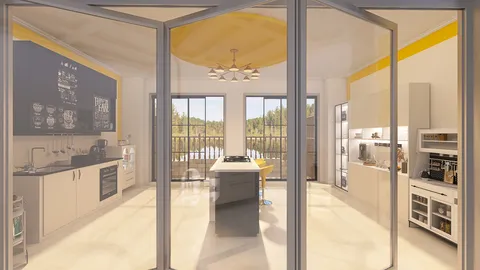 modern kitchen design featuring a spacious layout with an island and contemporary cabinetry, emphasizing bright colors and natural light, optimized for improving home aesthetics with Homestyler's real-time 3D rendering feature.