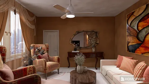 living room with stylish armchairs and decorative mirror, showcasing contemporary design with warm colors, optimized using Homestyler's real-time 3D rendering feature