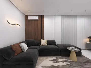 Modern living room with a black sectional sofa and stylish decor, featuring interior design idea for cozy home ambiance, utilizing Homestyler's real-time 3D rendering feature.