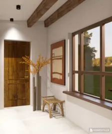 Modern entryway featuring a wooden door and large windows, designed with a minimalist style to enhance the welcoming atmosphere; showcases Homestyler's real-time 3D rendering function for effective renovation previews.