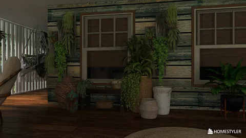 Indoor plants arranged creatively revitalizing a rustic living room with a wooden accent wall and natural decor elements, featuring Homestyler's real-time 3D rendering for a detailed design preview.