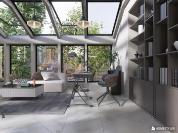 Modern living room design featuring a cozy seating area and workspace, showcasing a contemporary style and maximizing natural light, ideal for interior decor inspiration, utilizing Homestyler's real-time 3D rendering feature.
