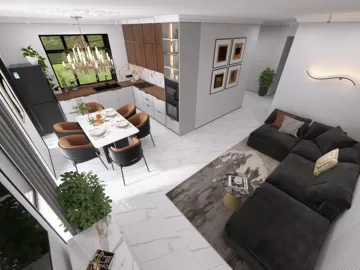 Modern living room with black sectional sofa and dining area featuring a stylish table; creating an inviting atmosphere in a contemporary interior design using Homestyler's real-time 3D rendering feature.