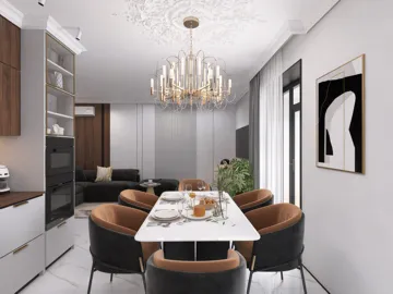 modern dining area featuring a stylish chandelier, showcasing luxury interior design with elegant furniture arrangement, utilizing Homestyler's real-time 3D rendering feature to visualize design concepts.