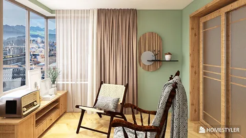 Wooden rocking chair placed in a cozy living room, featuring natural light and a soft color palette, showcasing a relaxing interior decor style; demonstrates Homestyler's real-time 3D rendering for effective design proposal display.