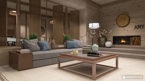 Living room with modern sofa arrangement and coffee table featuring a minimalist style, showcasing interior decor ideas using Homestyler's real-time 3D rendering feature.