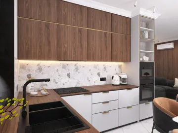 Modern kitchen design featuring elegant cabinetry and a marble backsplash, showcasing real-time 3D rendering for a realistic preview of the renovation.