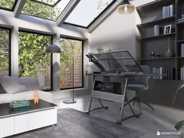 workspace design featuring a drafting table and modern shelving in a sunlit room with large windows, showcasing a contemporary style, highlighting the interior design capabilities of Homestyler for effective home office layouts.