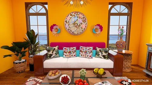 vibrant living room with a bold color scheme featuring a bright orange wall, showcasing a cozy sofa with decorative pillows, a coffee table adorned with fruits, and large windows overlooking a scenic view, designed using Homestyler's real-time 3D rendering feature for an immersive interior experience.
