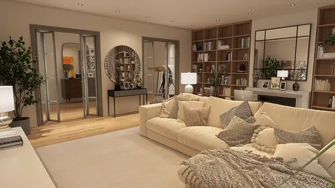 cozy living room featuring a plush sectional sofa and stylish decor, showcasing interior design with smart furniture arrangement for space optimization, leveraging Homestyler's real-time 3D rendering capability.